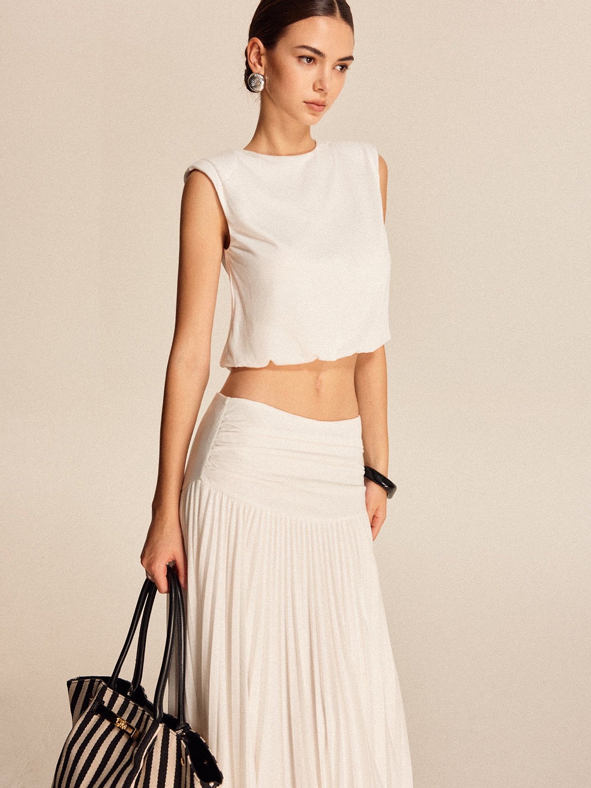 Shoulder-Padded Pleated Skirt Set-Massicos