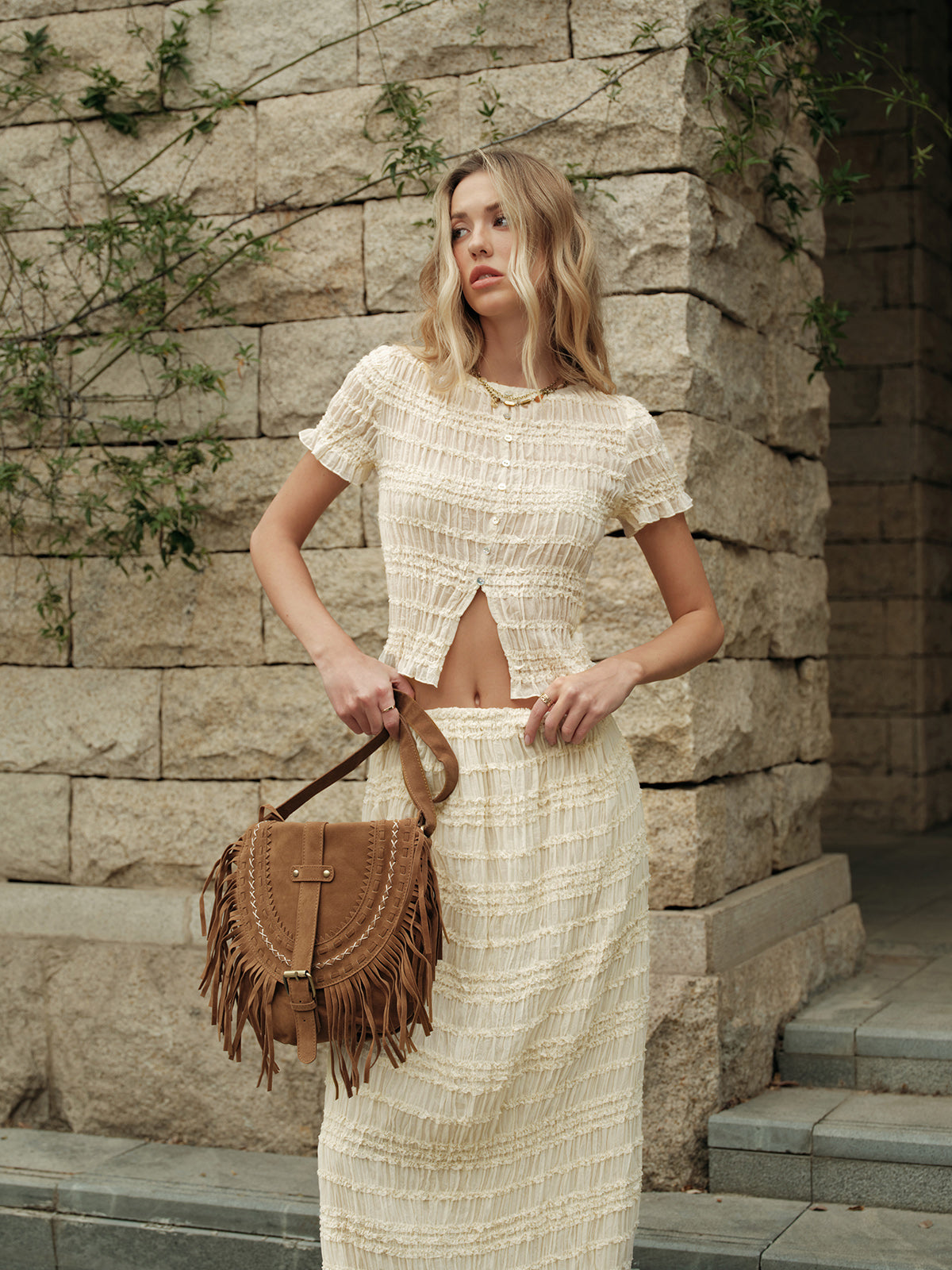Ruffled Crop Top Skirt Set-Massicos