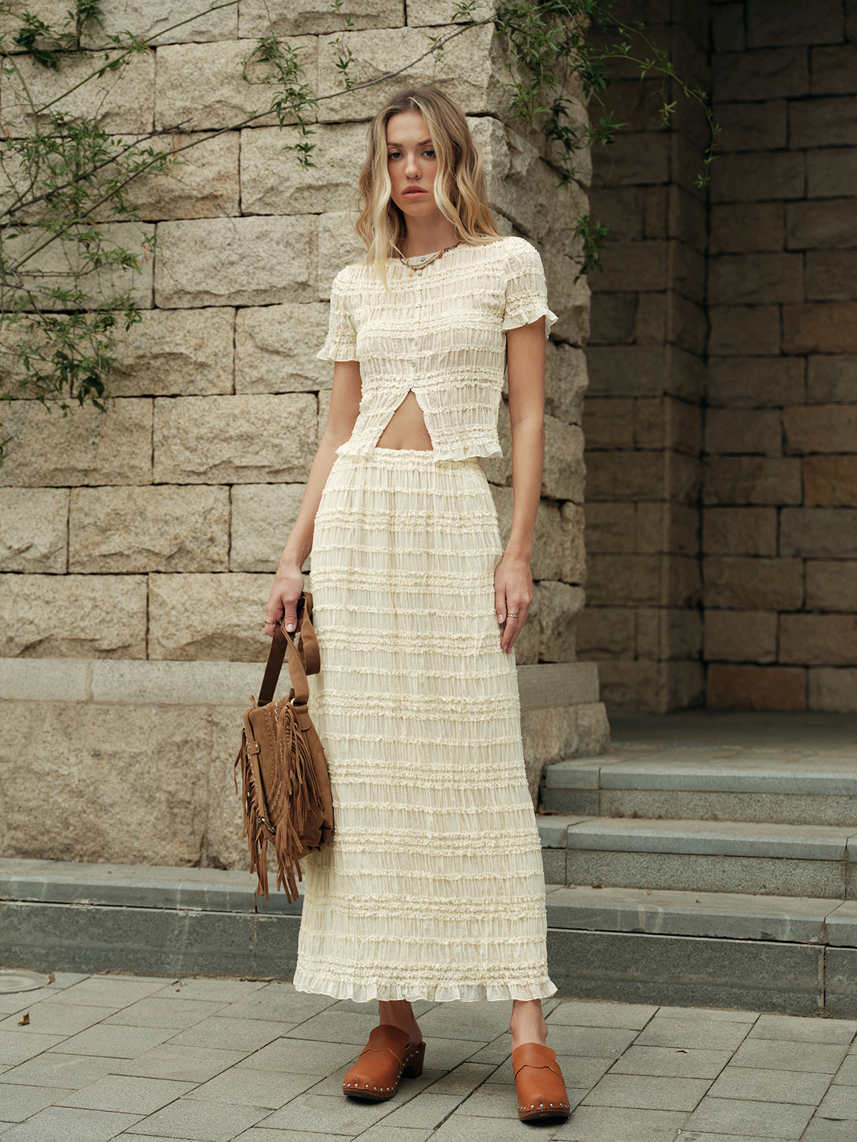 Ruffled Crop Top Skirt Set-Massicos