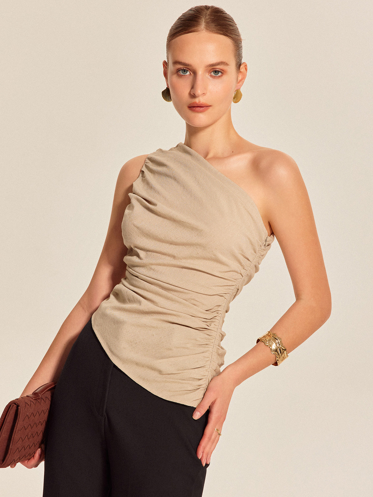 Ruched Side One-Shoulder Top-Massicos