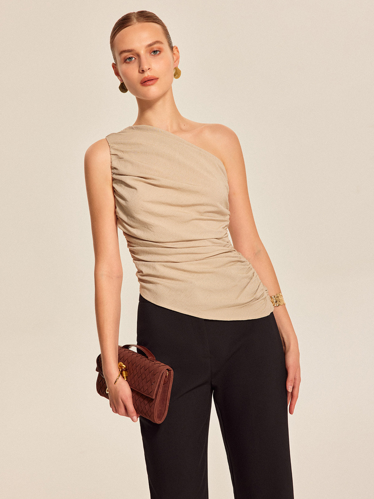 Ruched Side One-Shoulder Top-Massicos