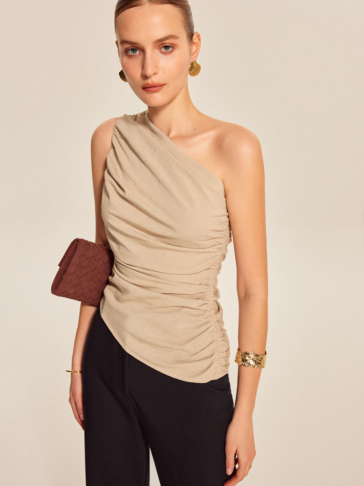 Ruched Side One-Shoulder Top-Massicos