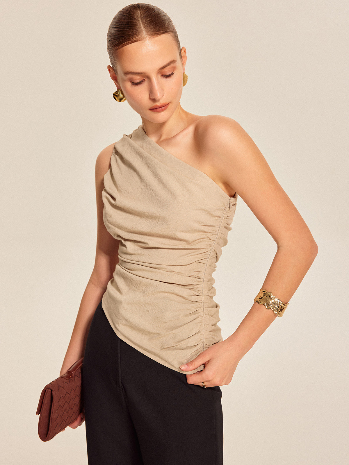 Ruched Side One-Shoulder Top-Massicos
