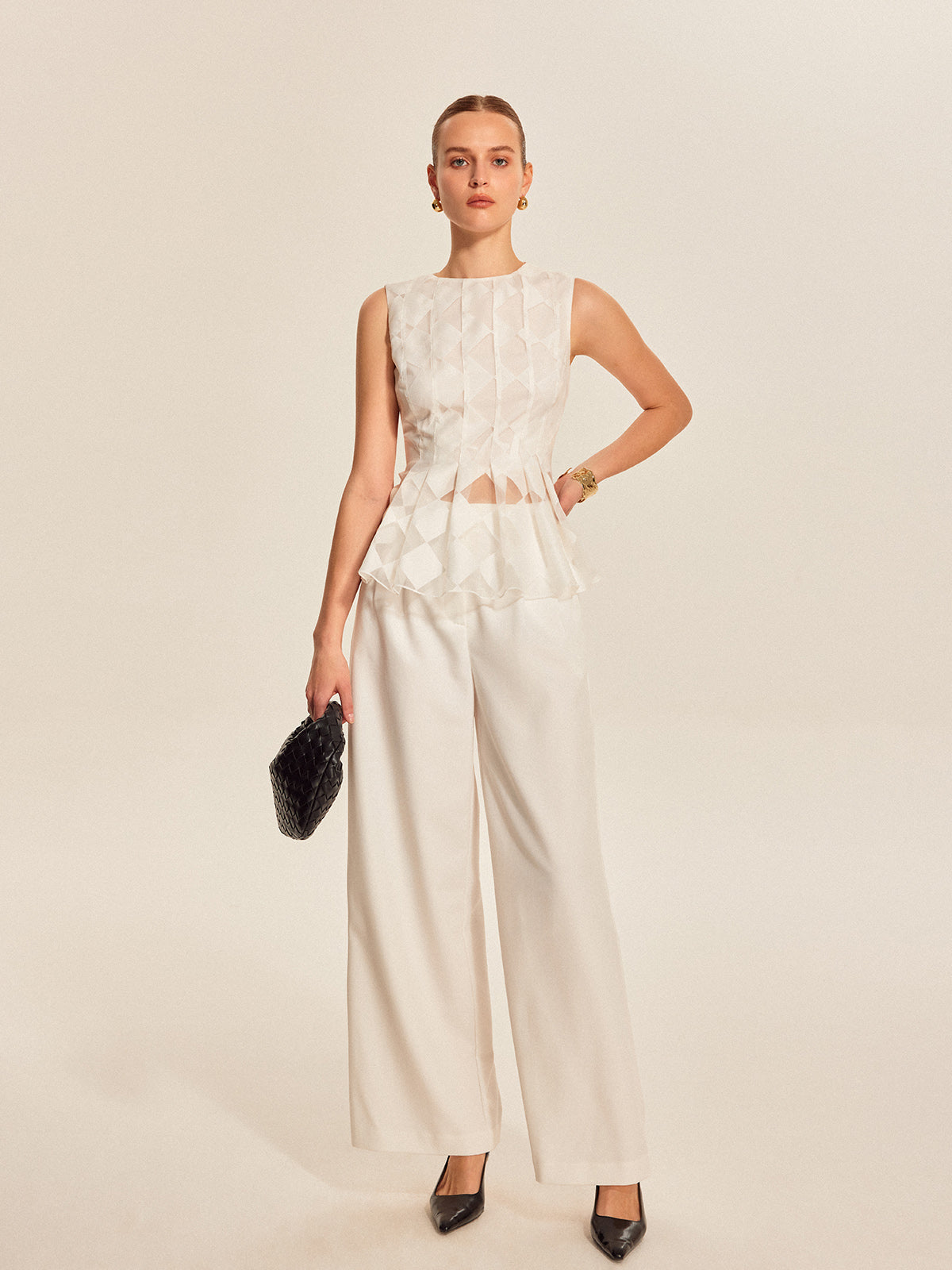 Semi-Sheer Geometric Peplum Top-Massicos