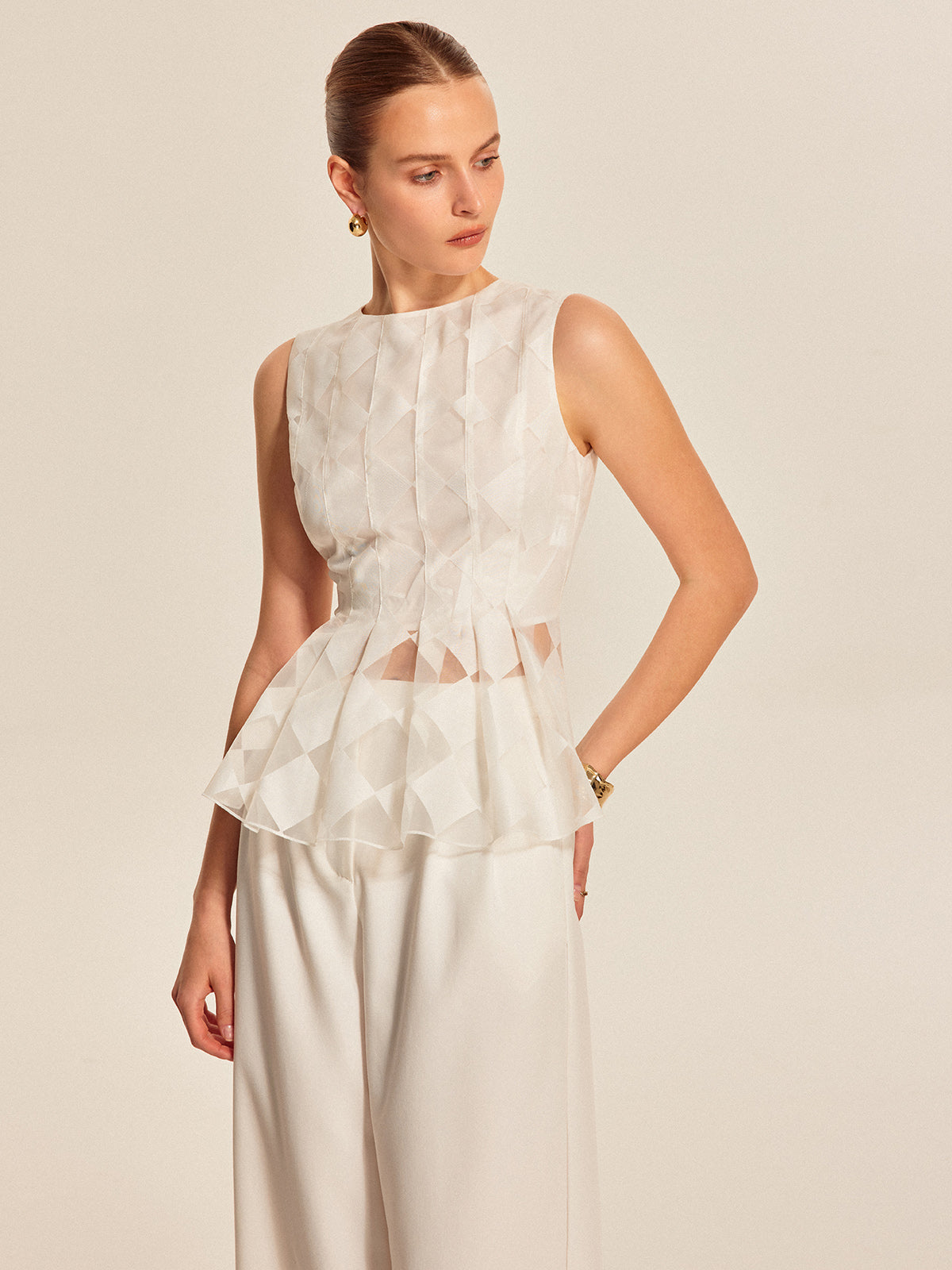 Semi-Sheer Geometric Peplum Top-Massicos