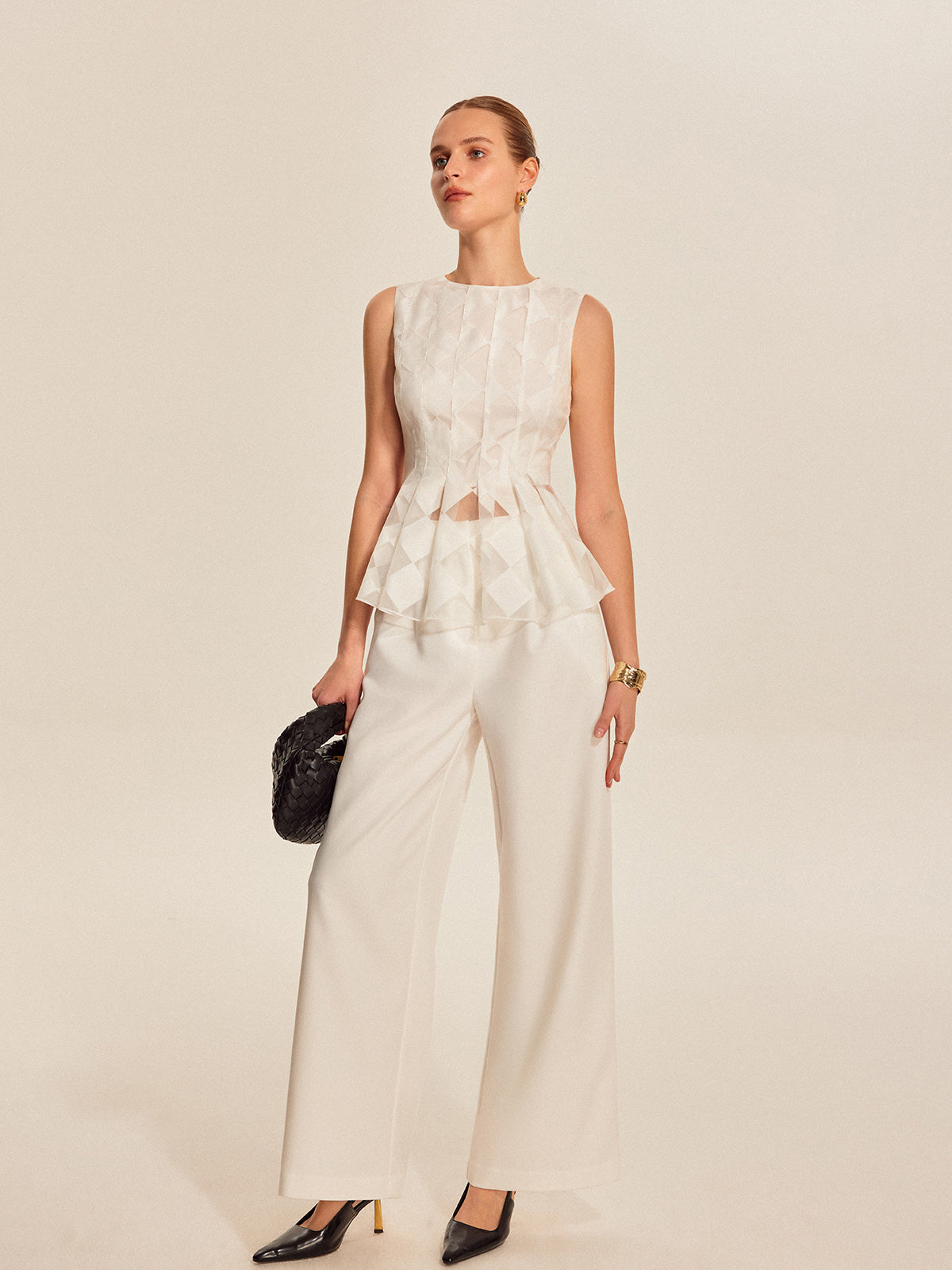 Semi-Sheer Geometric Peplum Top-Massicos