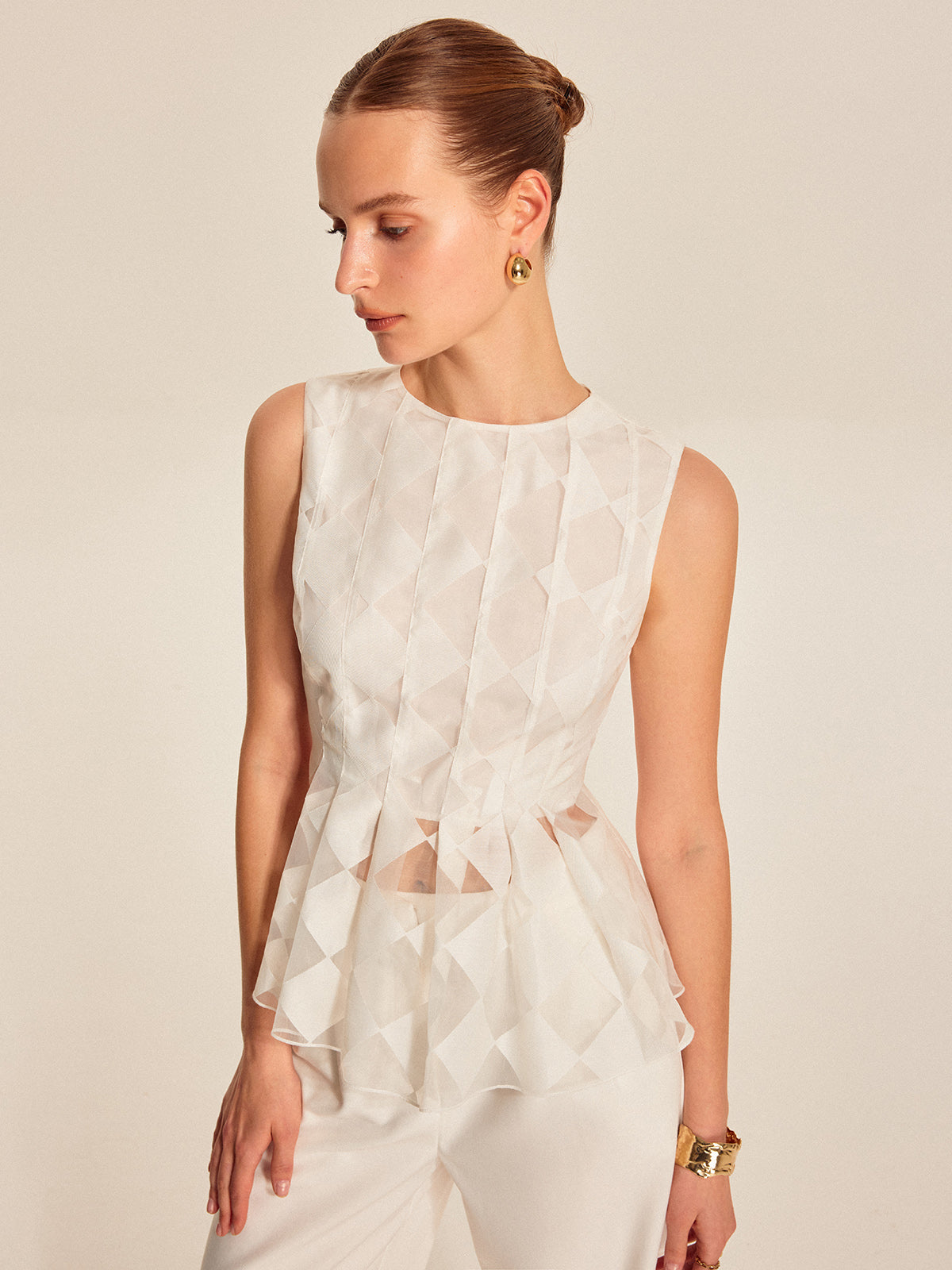 Semi-Sheer Geometric Peplum Top-Massicos