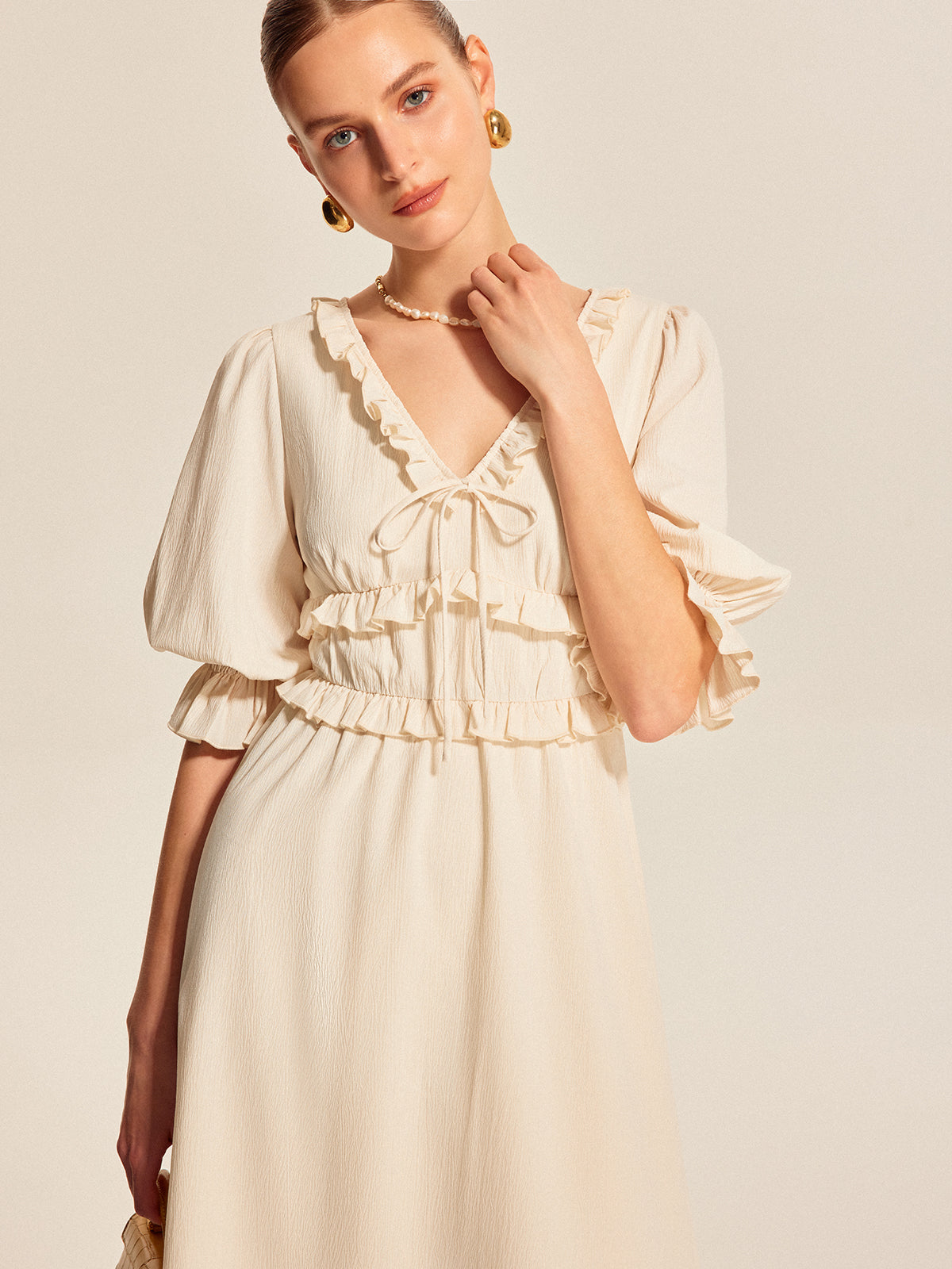 Ruffle Trim Drawstring Dress-Massicos