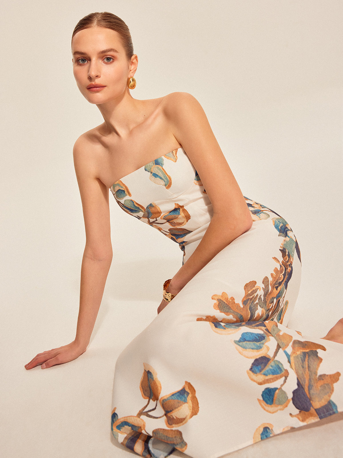Floral Print Strapless Dress-Massicos