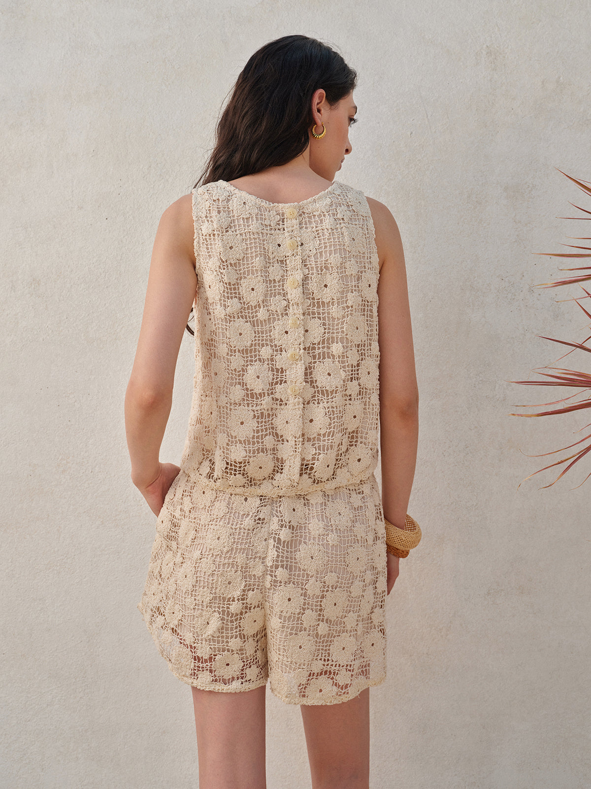 Floral Lace Sleeveless Shorts Set-Massicos