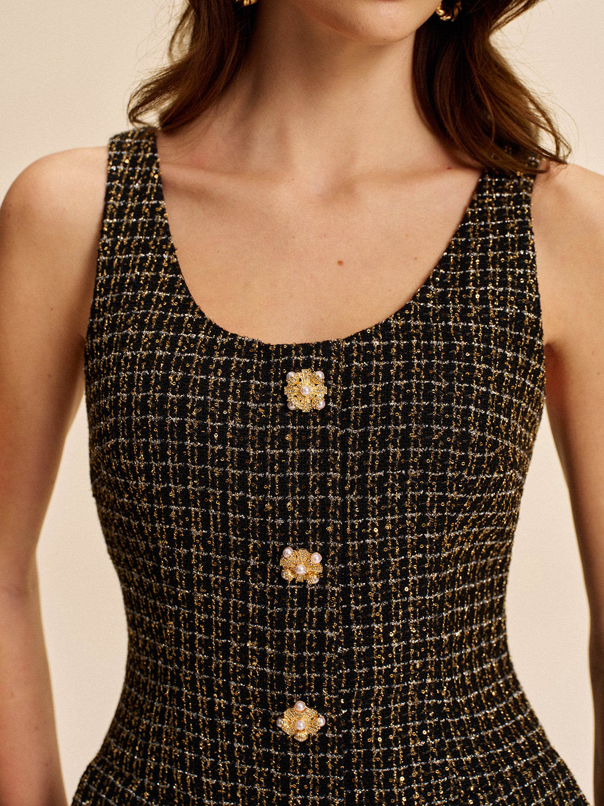 Tweed Buttoned Sleeveless Dress-Massicos
