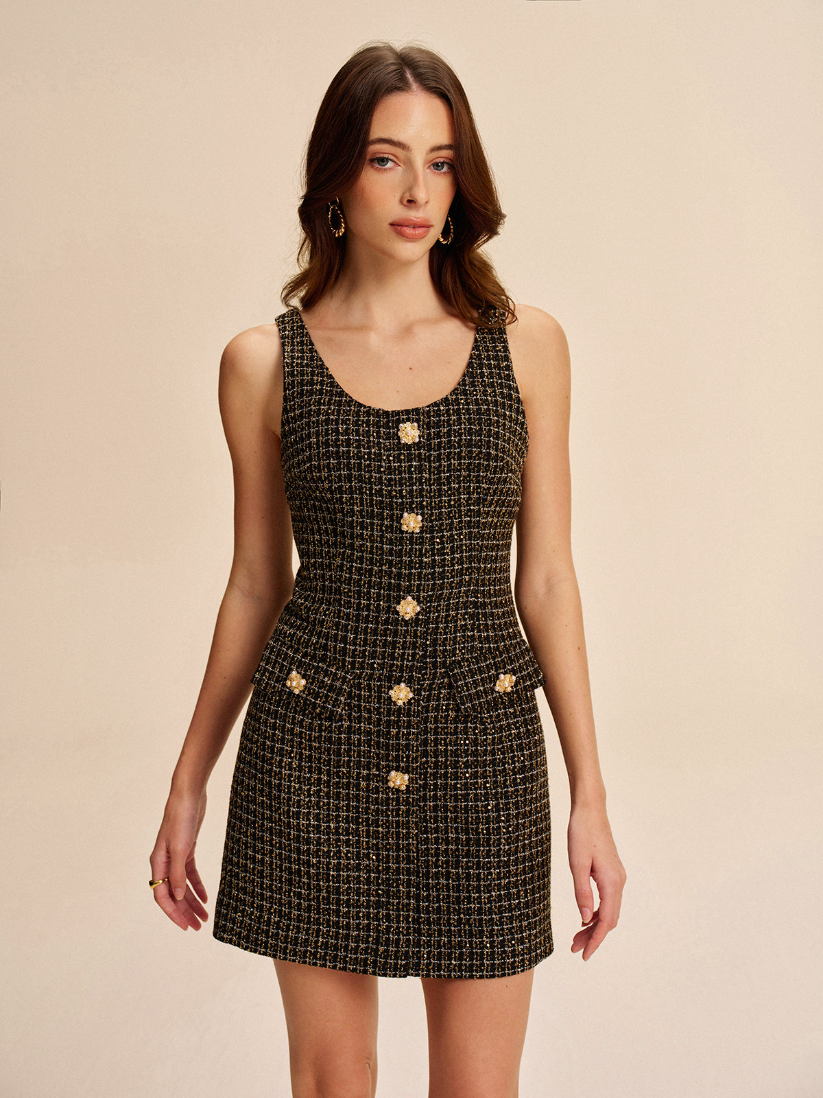 Tweed Buttoned Sleeveless Dress-Massicos