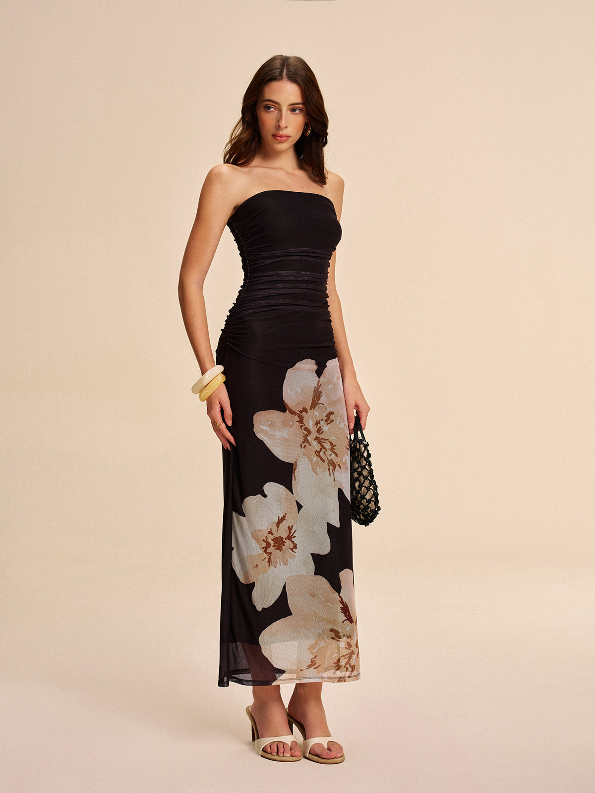Semi-Sheer Strapless Ruched Floral Mesh Dress-Massicos