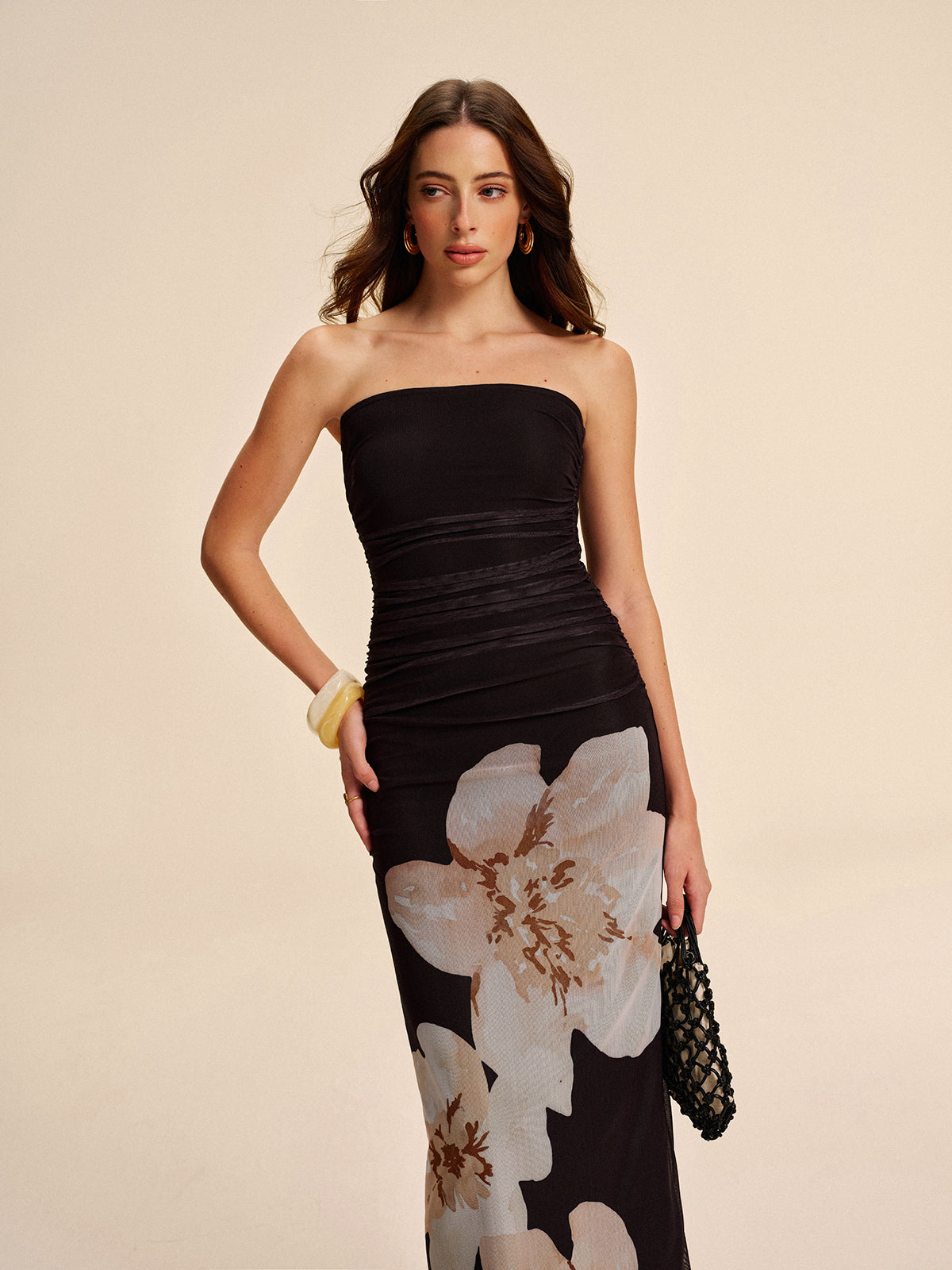 Semi-Sheer Strapless Ruched Floral Mesh Dress-Massicos