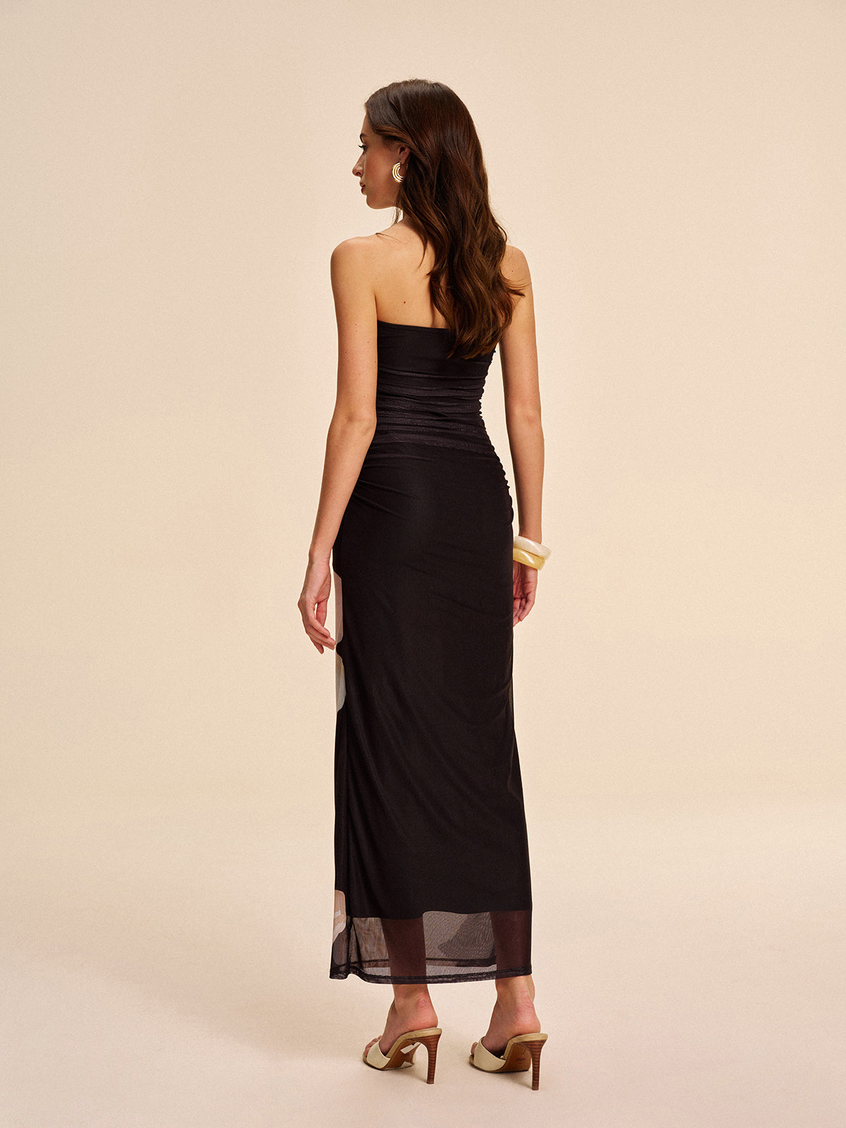 Semi-Sheer Strapless Ruched Floral Mesh Dress-Massicos