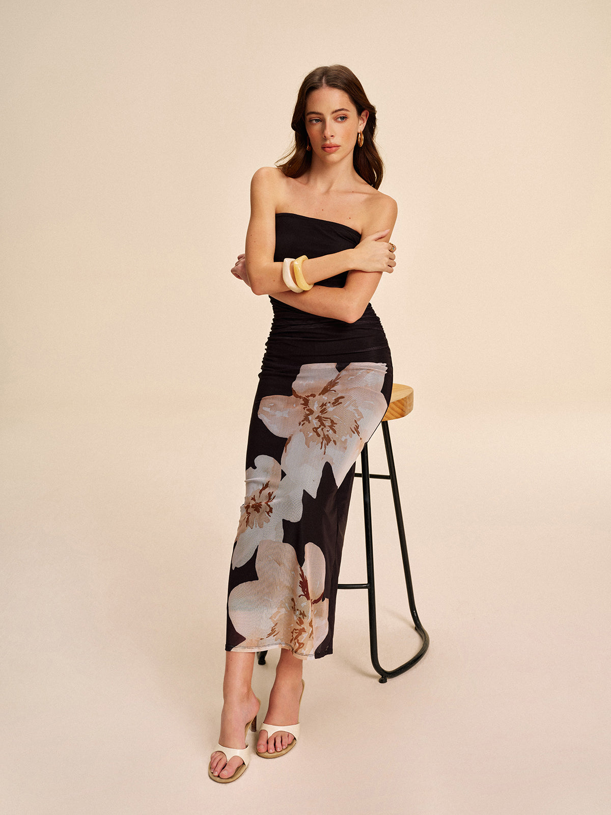 Semi-Sheer Strapless Ruched Floral Mesh Dress-Massicos