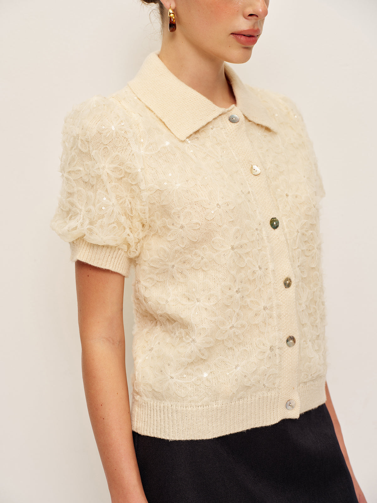 Sequin Embellished Lace Knit Cardigan-Massicos