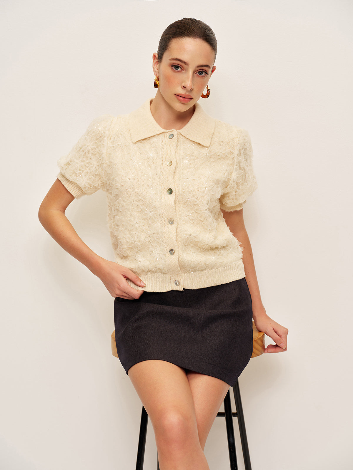 Sequin Embellished Lace Knit Cardigan-Massicos