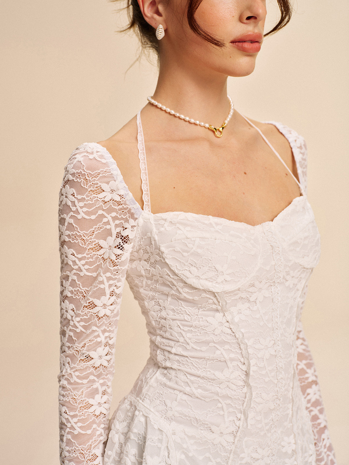 Semi-Sheer Corset Lace Halter Dress-Massicos