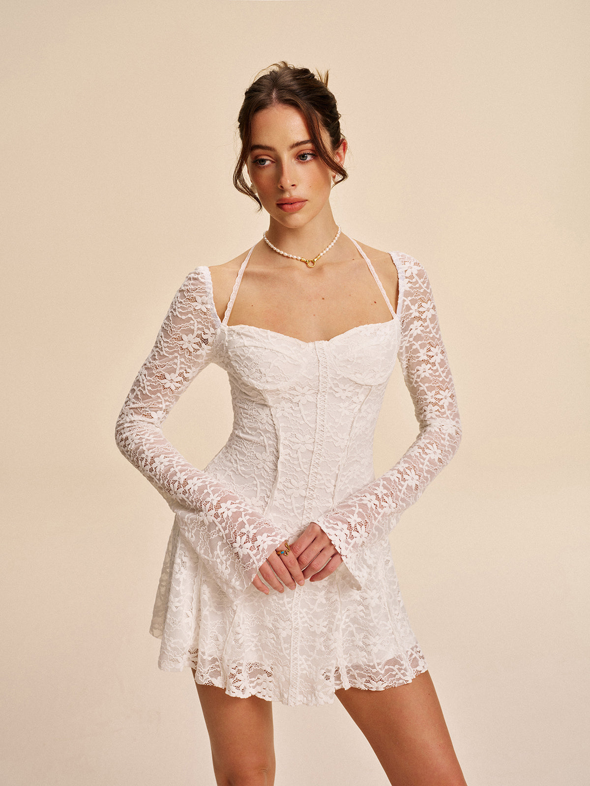 Semi-Sheer Corset Lace Halter Dress-Massicos