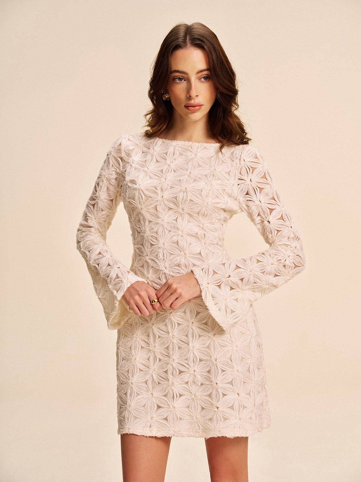 Semi-Sheer Floral Lace Long Sleeve Dress-Massicos