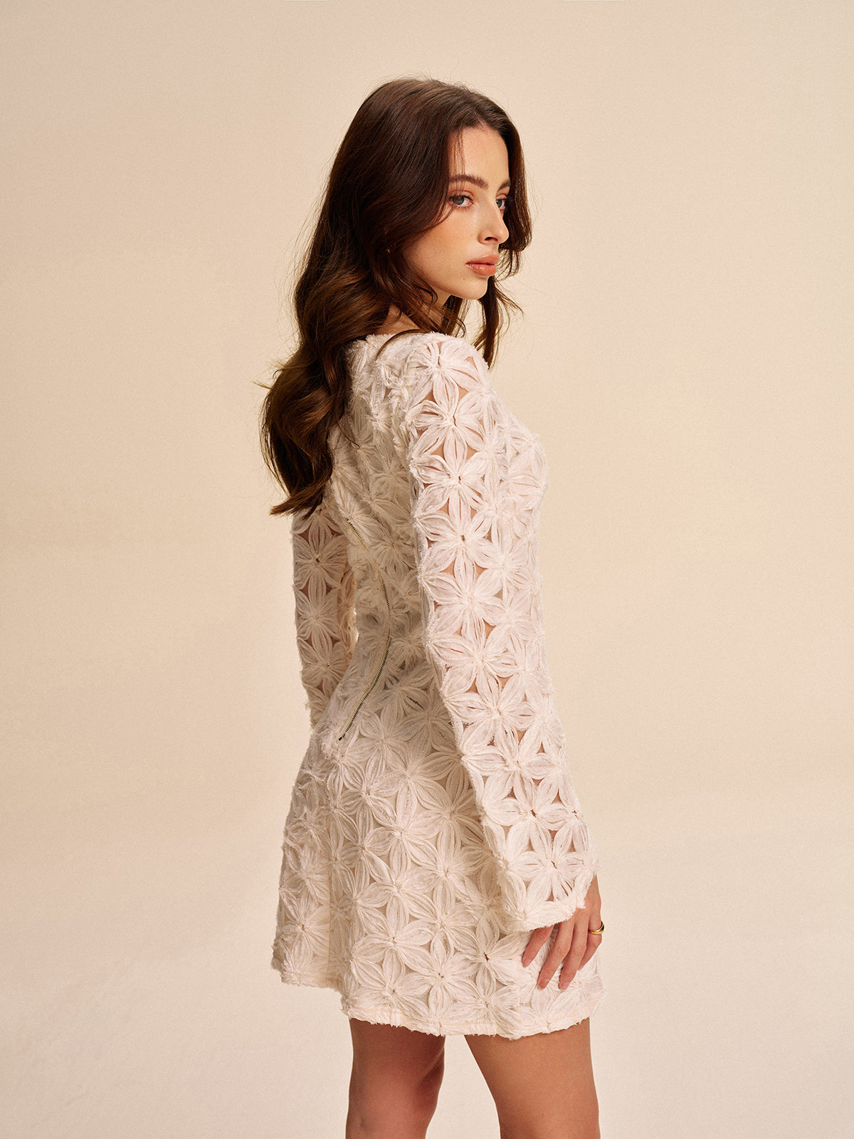 Semi-Sheer Floral Lace Long Sleeve Dress-Massicos