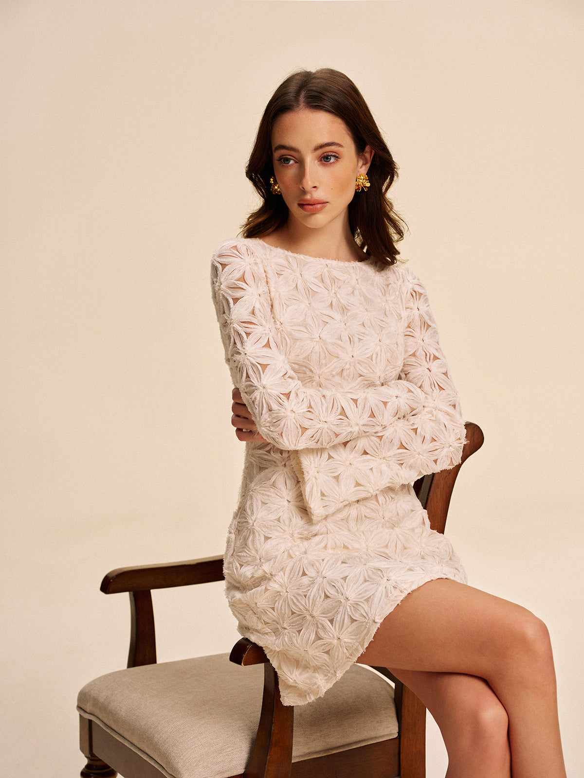 Semi-Sheer Floral Lace Long Sleeve Dress-Massicos