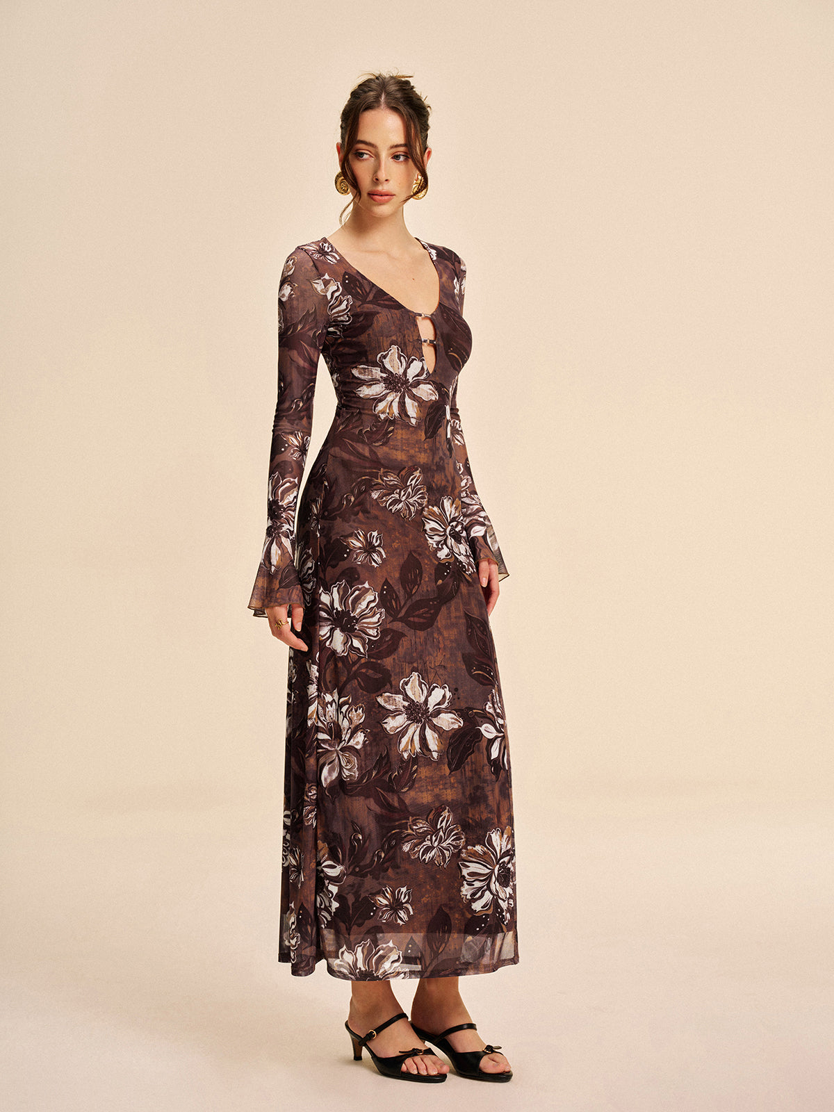 Semi-Sheer Mesh Floral Cutout Slit Dress-Massicos