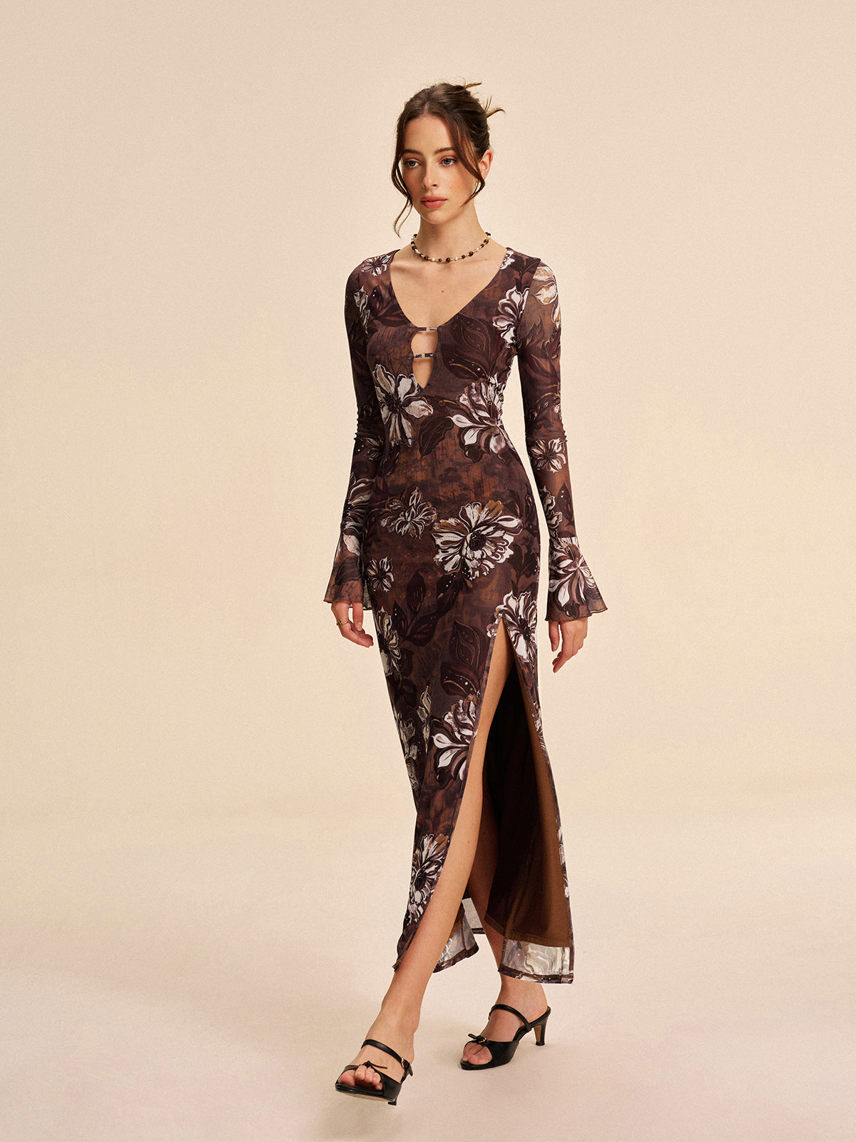 Semi-Sheer Mesh Floral Cutout Slit Dress-Massicos