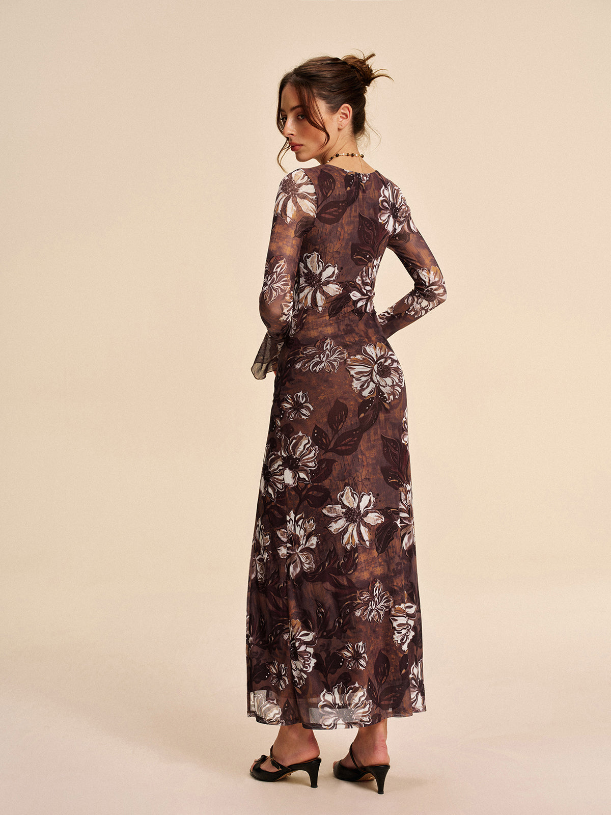 Semi-Sheer Mesh Floral Cutout Slit Dress-Massicos