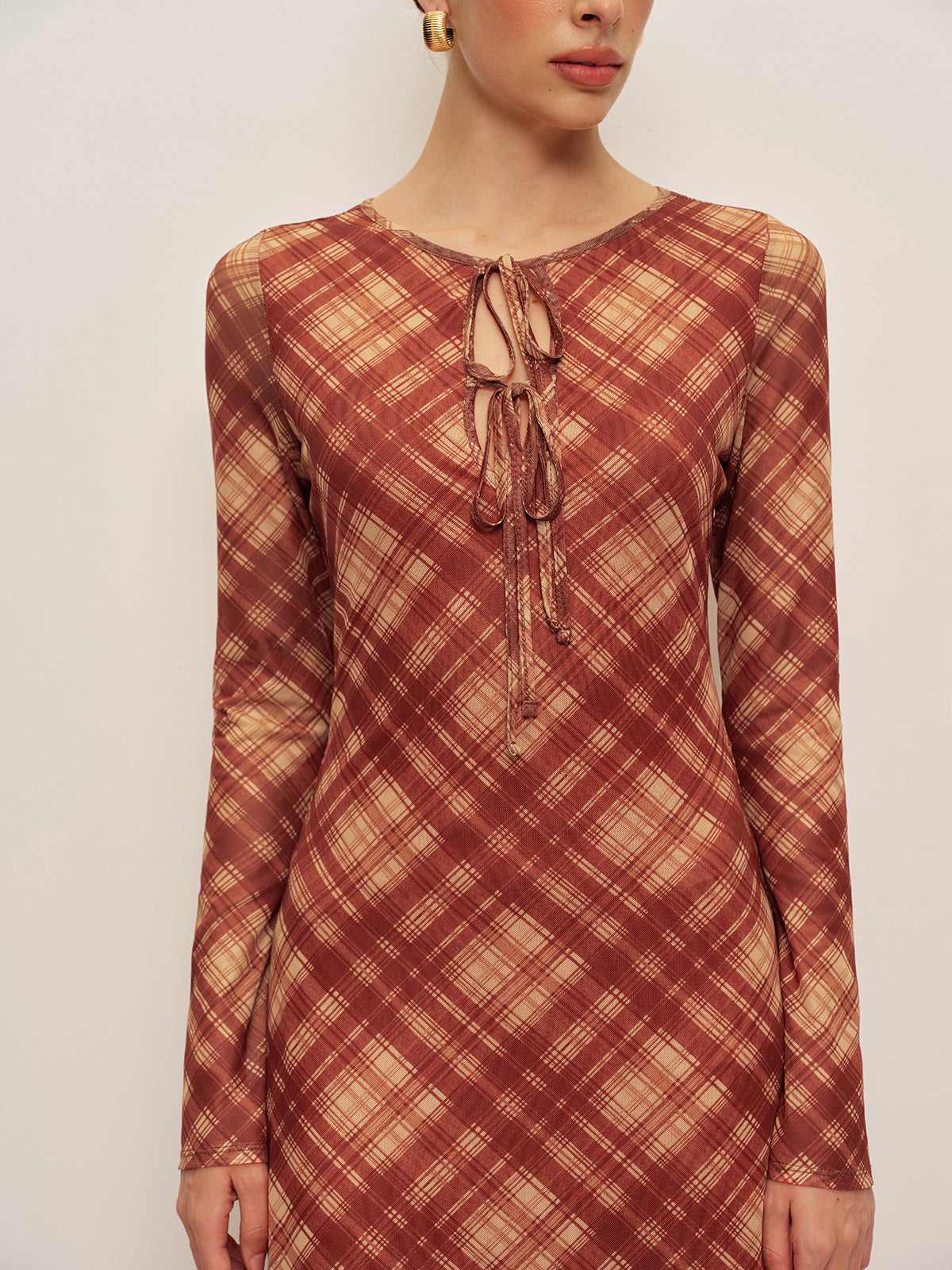 Plaid Tie-Front Long Sleeve Dress-Massicos