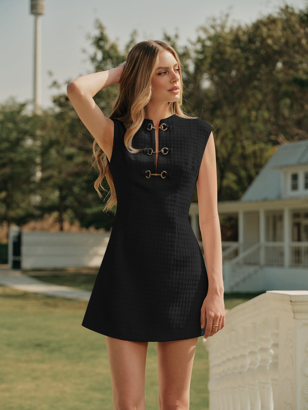 Metal Button Tweed Sleeveless Dress-Massicos