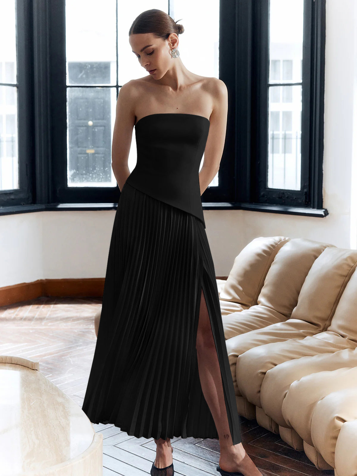 Solid Pleated Strapless Split Dress-Massicos
