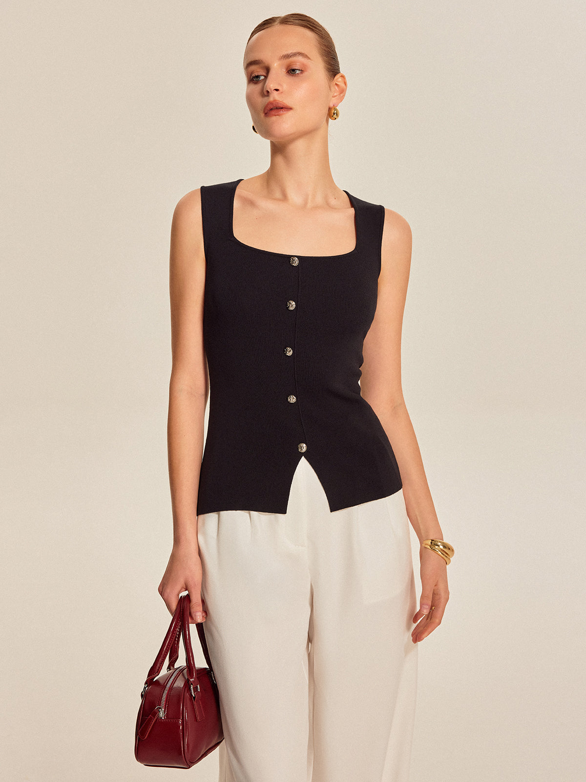 Button Front Square Neck Top-Massicos