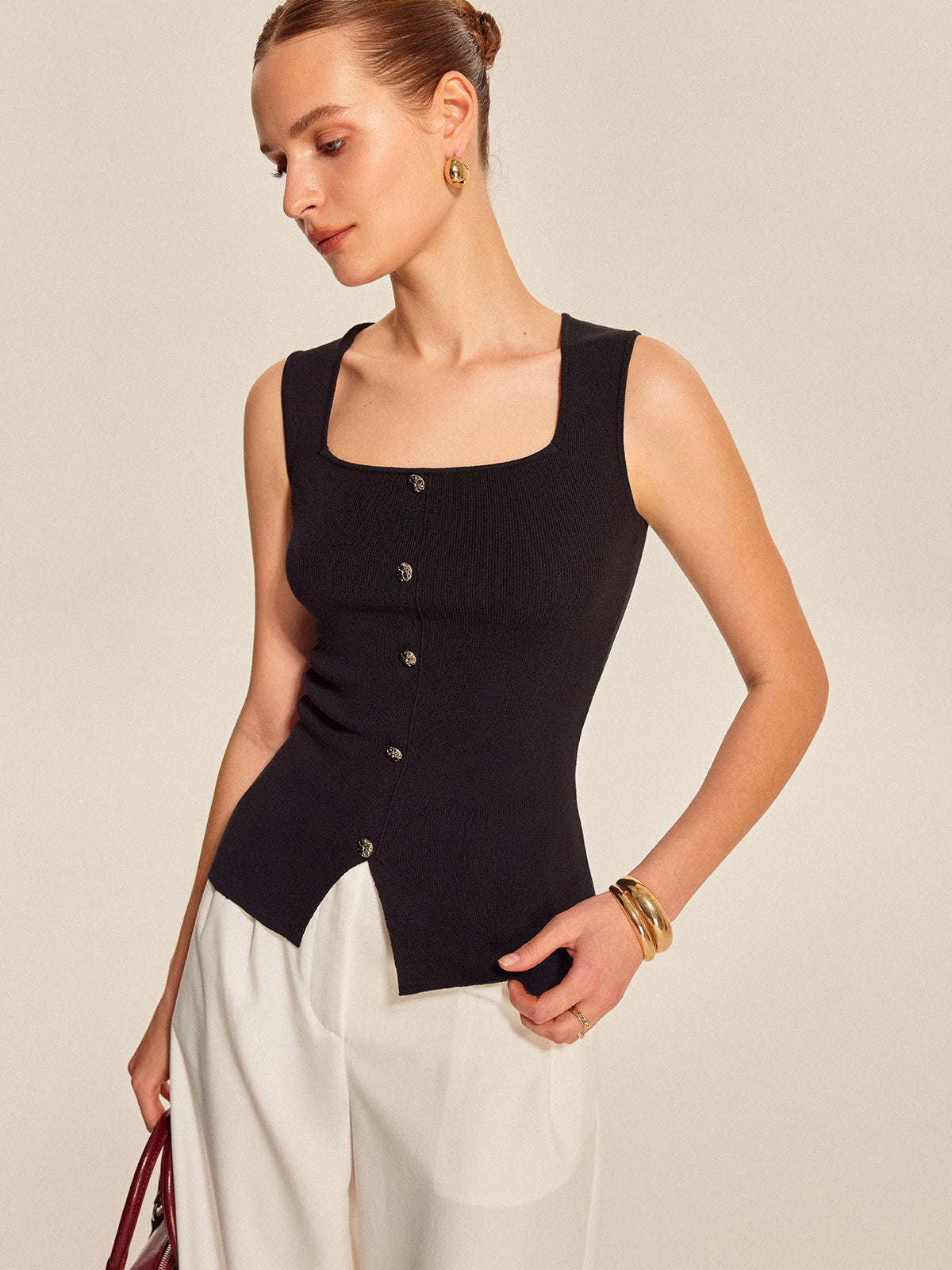 Button Front Square Neck Top-Massicos