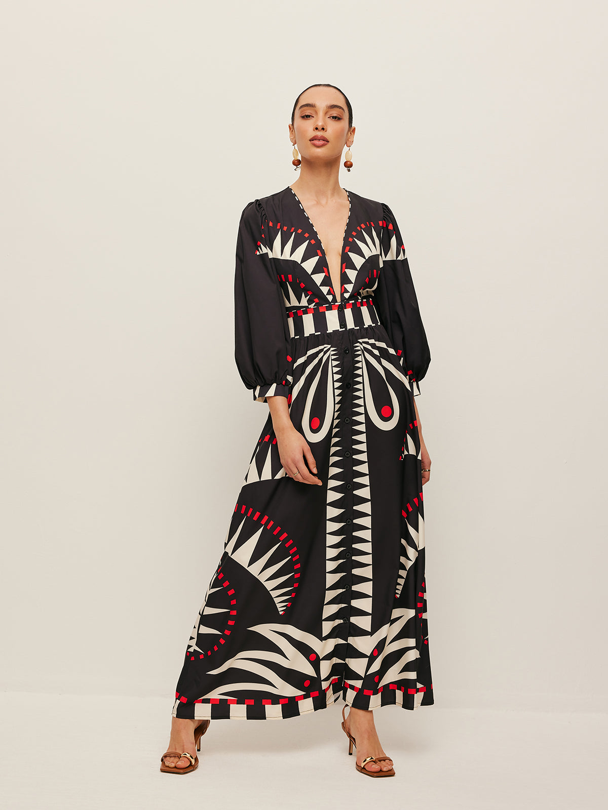 Boho Print V-Neck Split Dress-Massicos