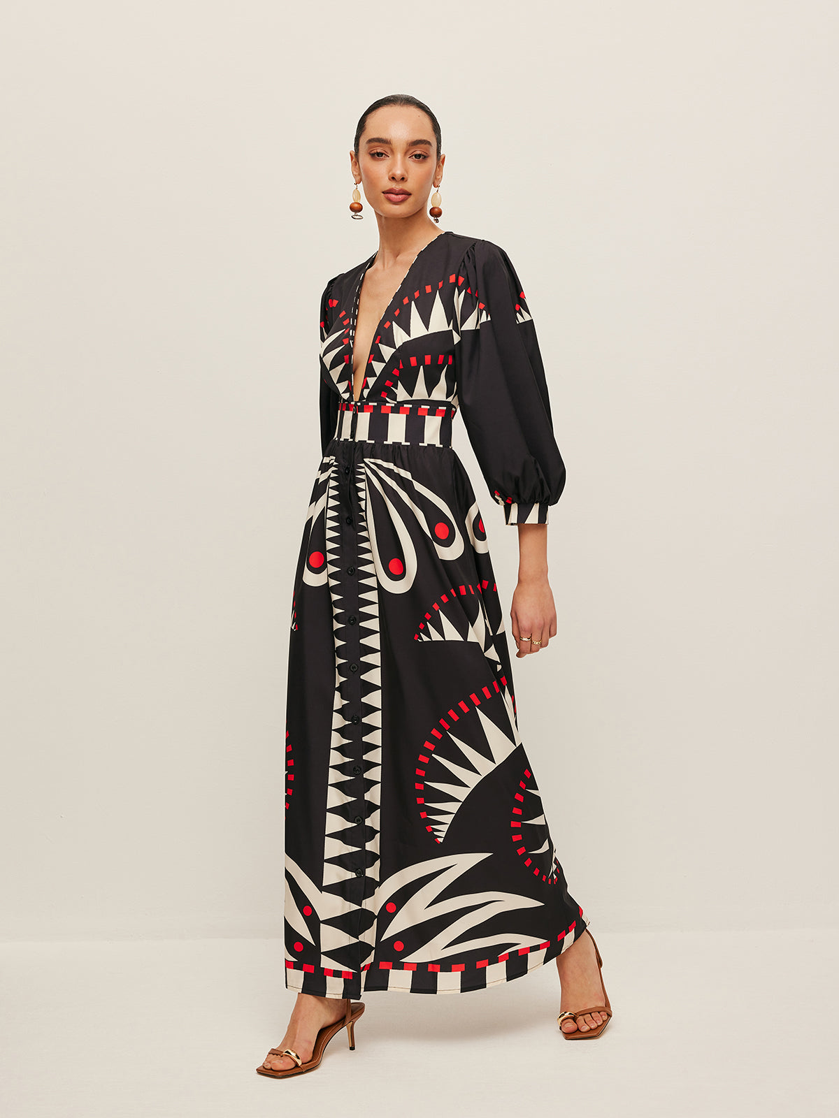 Boho Print V-Neck Split Dress-Massicos