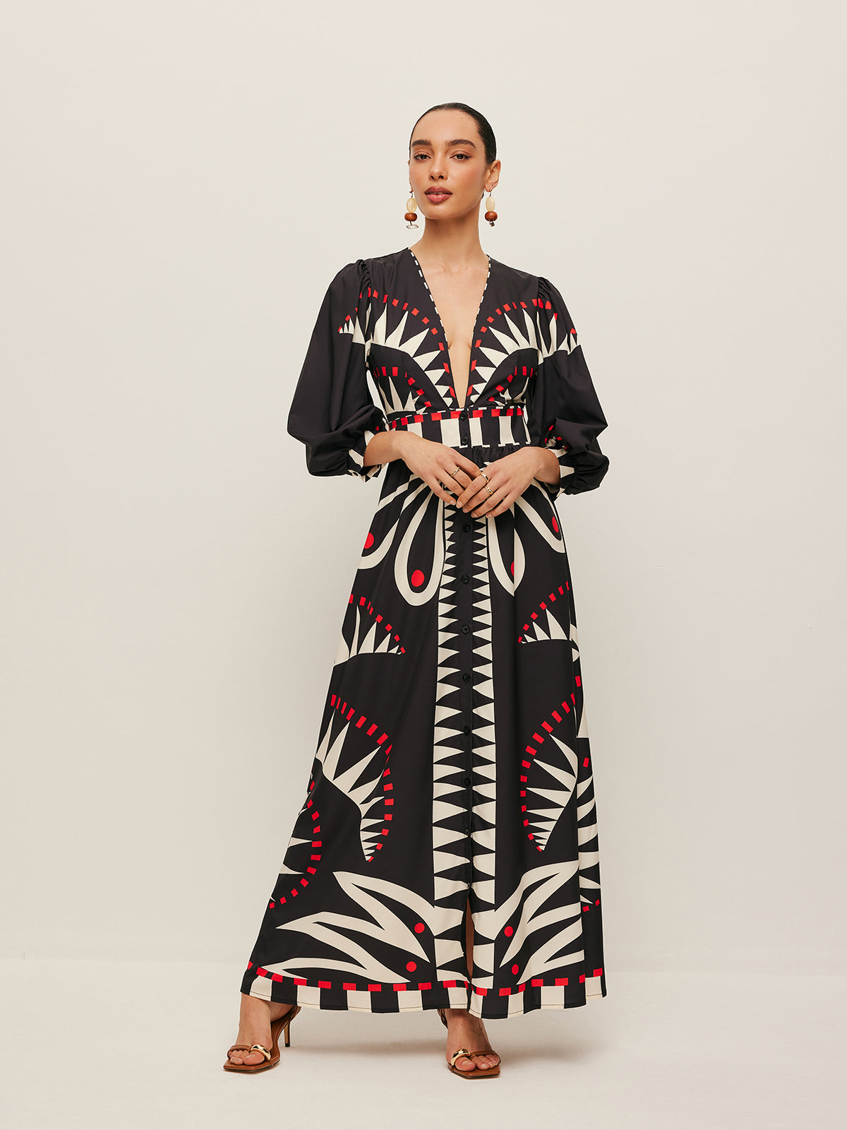 Boho Print V-Neck Split Dress-Massicos