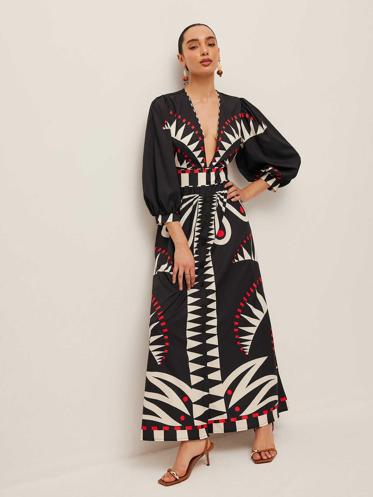 Boho Print V-Neck Split Dress-Massicos