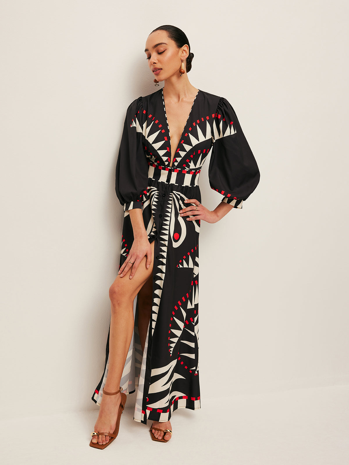 Boho Print V-Neck Split Dress-Massicos
