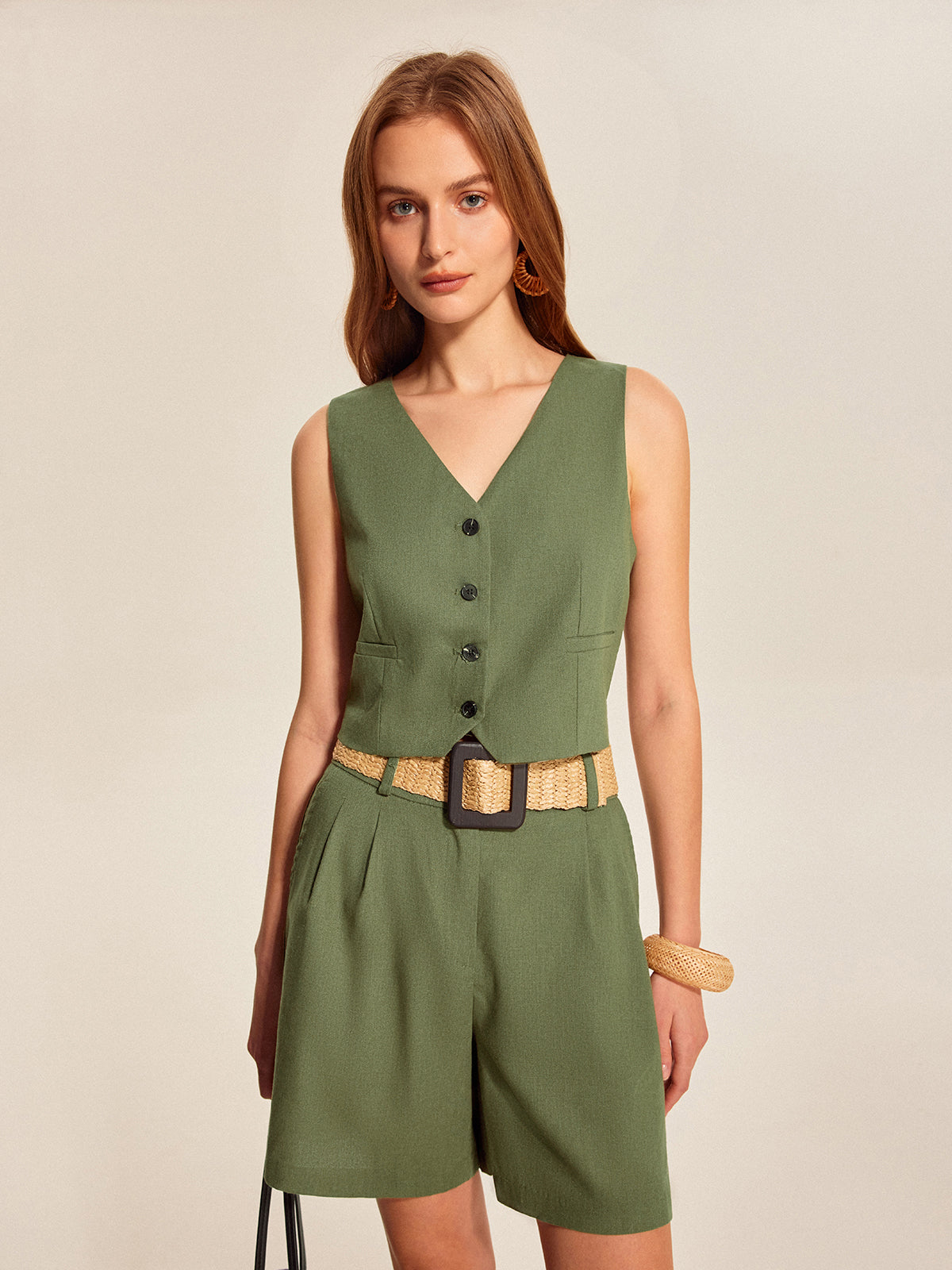 V-Neck Buttoned Shorts Set With Belt-Massicos