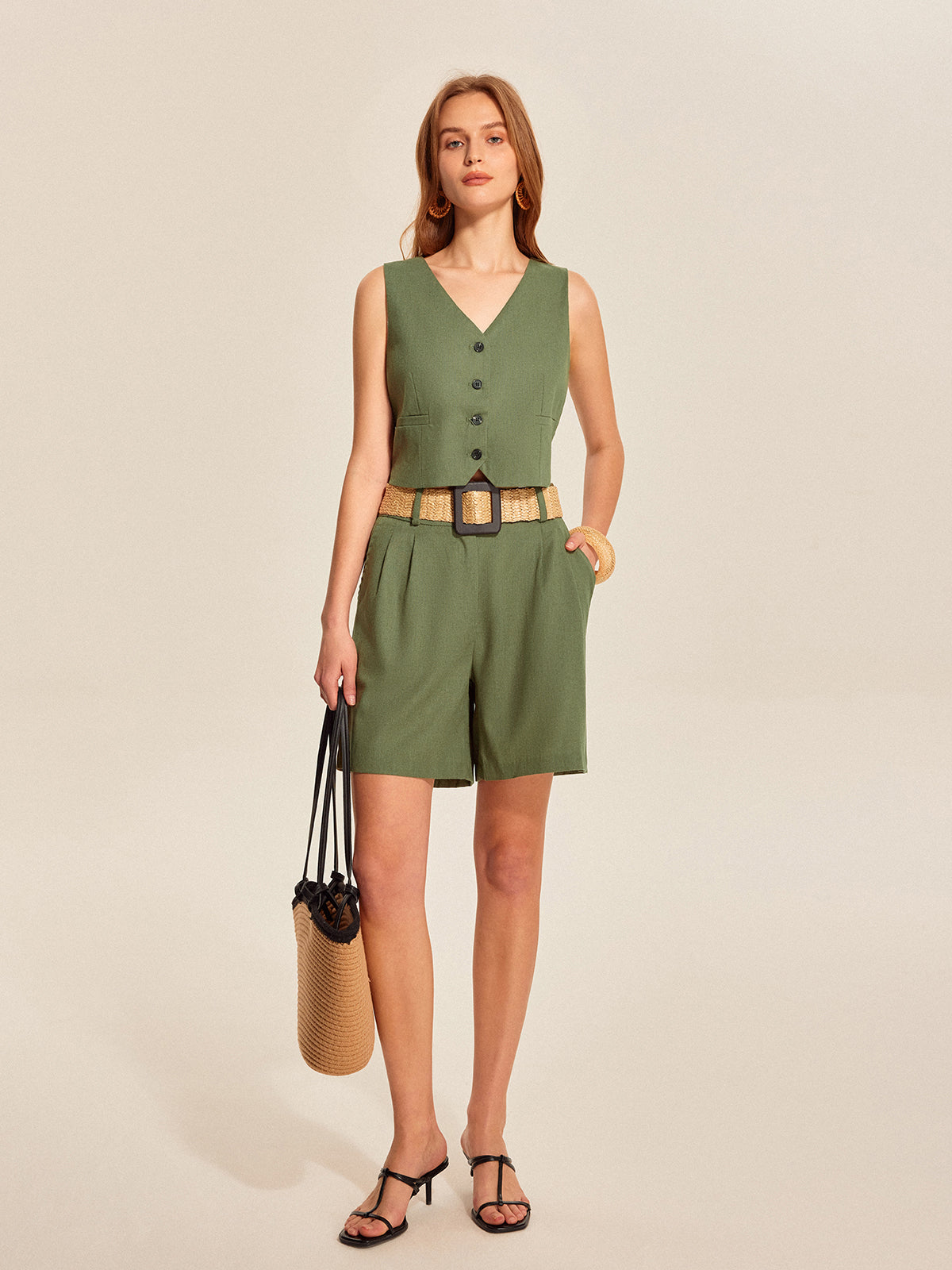 V-Neck Buttoned Shorts Set With Belt-Massicos