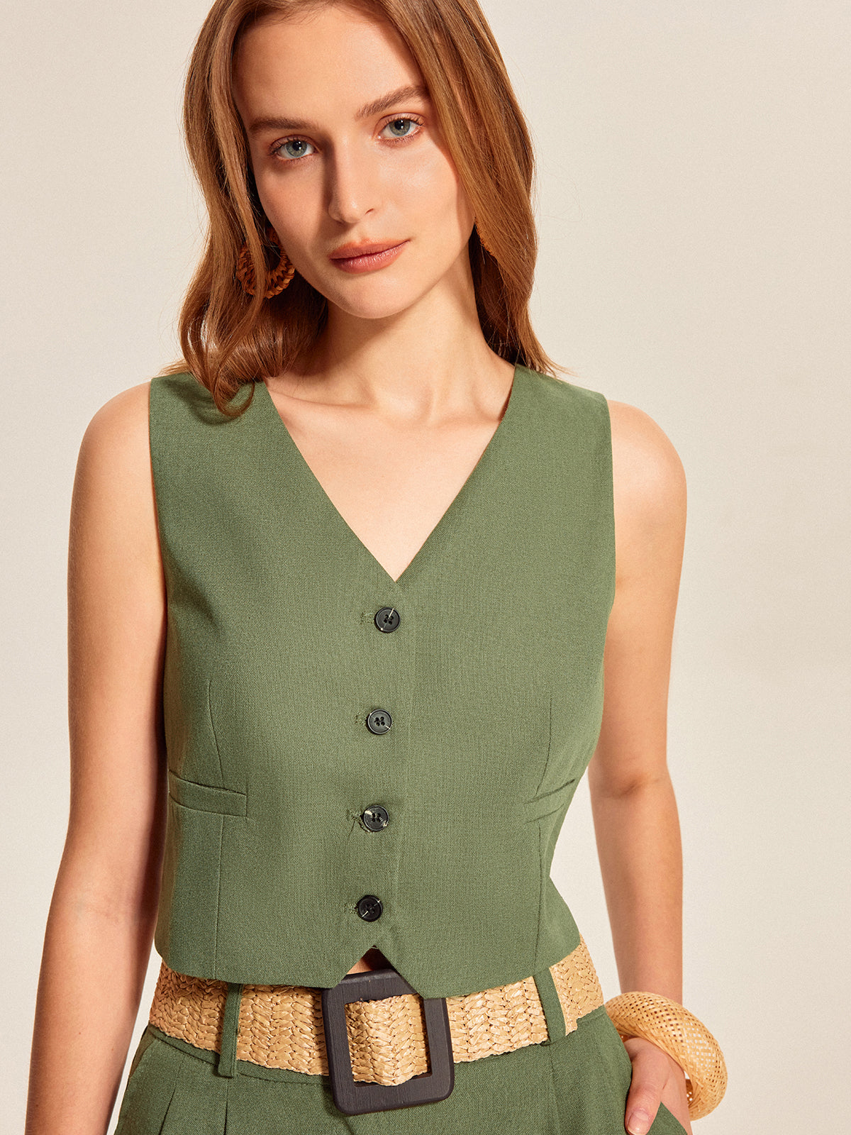 V-Neck Buttoned Shorts Set With Belt-Massicos