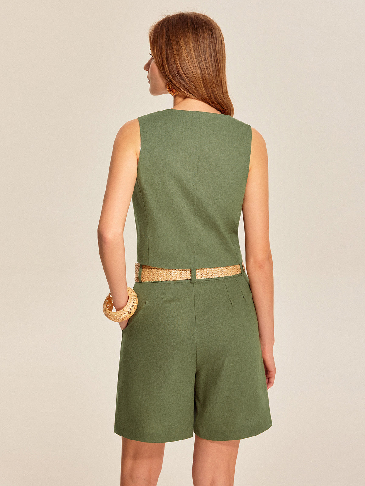 V-Neck Buttoned Shorts Set With Belt-Massicos