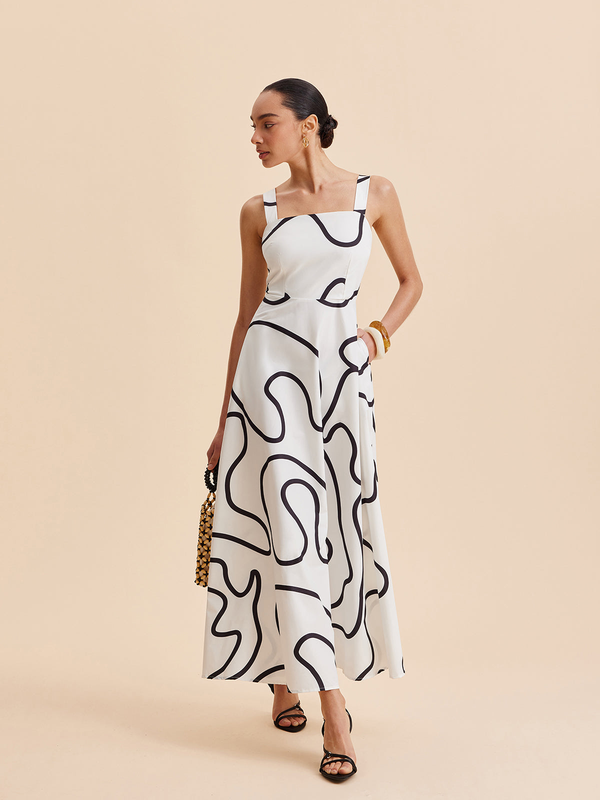 Abstract Line Print Square Strap Dress-Massicos