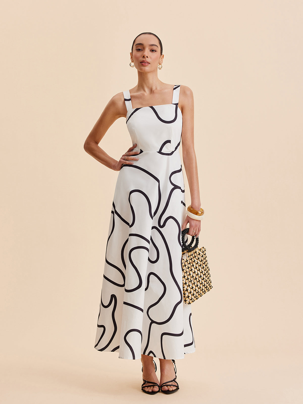 Abstract Line Print Square Strap Dress-Massicos