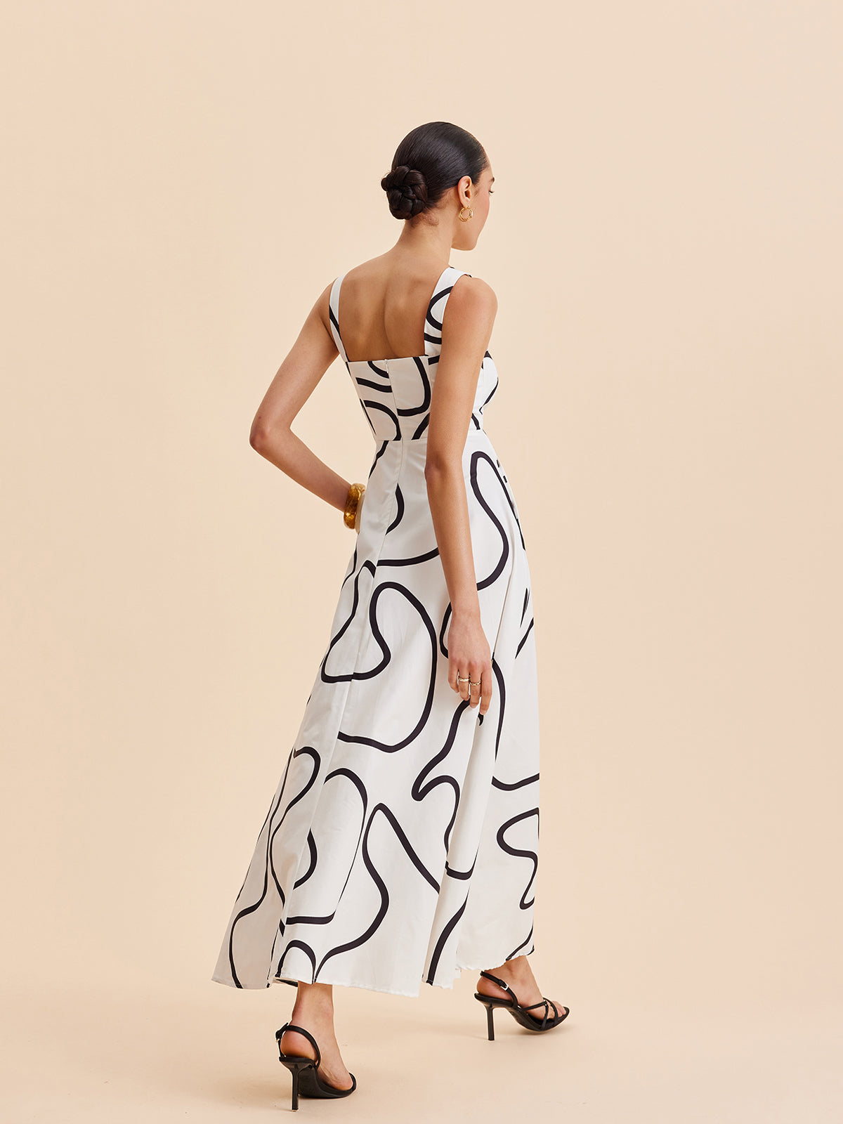 Abstract Line Print Square Strap Dress-Massicos
