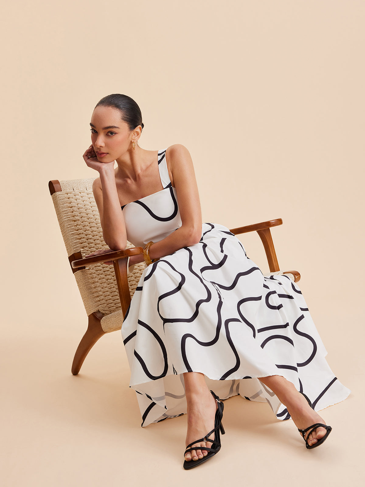 Abstract Line Print Square Strap Dress-Massicos