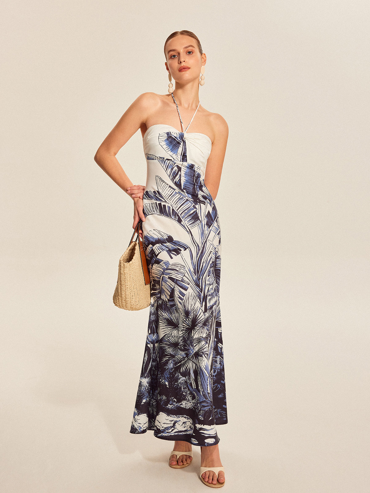 Print Tie Halter Strapless Dress-Massicos
