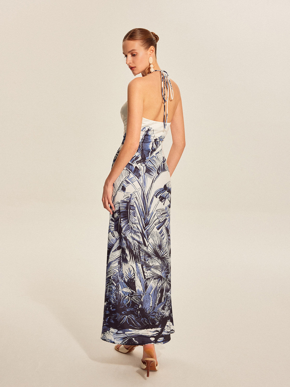 Print Tie Halter Strapless Dress-Massicos